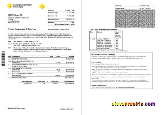 Australia Commonwealth account statement Word and PDF, 2 pages